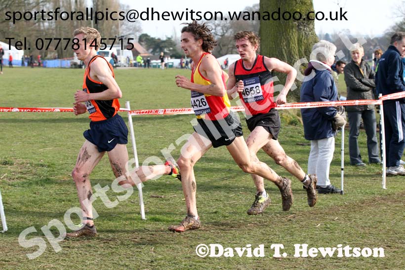 4303 Steve Vernon (Greater Manchester) lead 4426 Richard Goodman (Middlesex) and Dewi Griffiths (West Wales) in the the senior mens Inter Counties Cross Country, Cofton Park, Birmingham. Photo: David T. Hewitson/Sports for All Pics